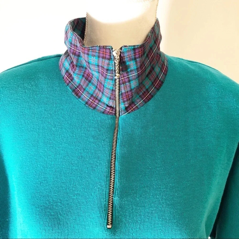 KORET SPORT Vintage Turquoise Pullover Funnel Neck Zip Plaid Patchwork Sweater